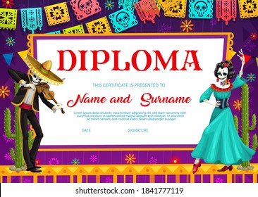 School diploma vector template with Day of the Dead Mexican skeleton playing violin with Catrina dancing flamenco. Education children certificate with Dia de los Muertos holiday cartoon characters