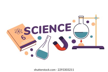 School discipline, learning science and conducting experiments. isolated flask with substances and books for students and pupils. Containers for heating, magnet. Physics and chemistry. Vector in flat 