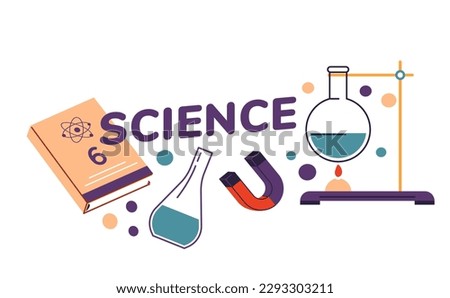 School discipline, learning science and conducting experiments. isolated flask with substances and books for students and pupils. Containers for heating, magnet. Physics and chemistry. Vector in flat 