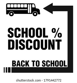 Icono de descuento escolar con flecha de retorno, bus escolar y de vuelta al texto escolar.