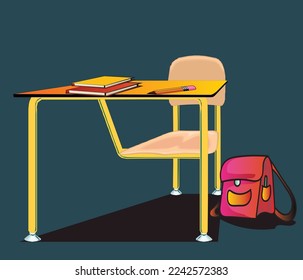 Un disco escolar con libros y un bolígrafo encima, y al lado de un bolso escolar