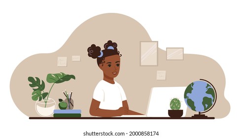 School distance learning concept. African American schoolgirl studies at the table with laptop and books at home. Flat vector illustration