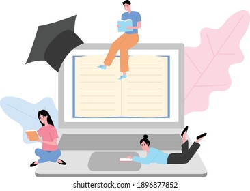 School distance learning, laptop screen and pages. Flat design illustration. Vector