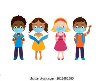Escolar niños diversos con un vector protector de la máscara facial. Niños felices de diferentes razas con mascarilla médica en la cara para prevenir el vector Covid-19. Niños multiculturales pequeños con icono de máscara de vídeo