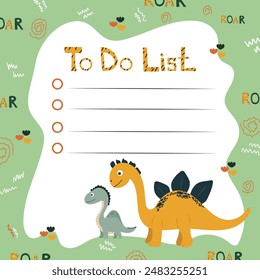 School to do list template in cartoon dinosaur style. Useful dinosaur educational tool in back to school concept. For school organization, school preparation, office notes.