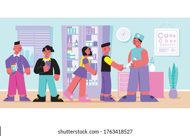 School Doctor Office Providing Medical Care Isometric Composition With Holding Thermometer Nurse Measuring Pupils Temperature Vector Illustration 