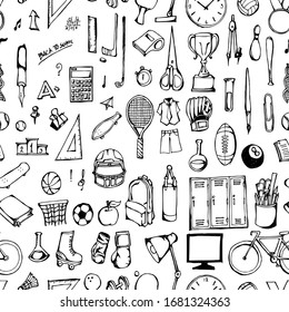 School doodle background seamless pattern. Drawing vector illustration hand drawn