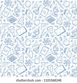 School doodle background. Vector seamless pattern from school elements hand drawn on notebook sheet. Back to school backdrop in sketch style.