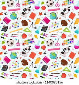 School doodle background. Vector seamless pattern from school elements hand drawn on white background. Back to school backdrop in sketch style.