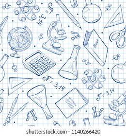 School doodle background. Vector seamless pattern from school elements hand drawn on notebook sheet. Back to school backdrop in sketch style.