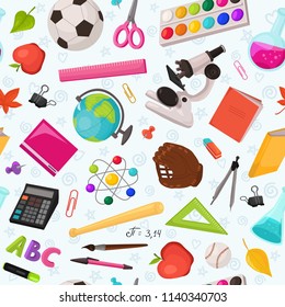 School doodle background. Vector seamless pattern from school elements hand drawn on white background. Back to school backdrop in sketch style.