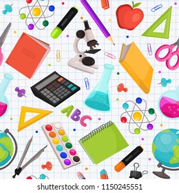 School doodle background. Vector seamless pattern from school elements hand drawn on squared background. Back to school backdrop in sketch style.