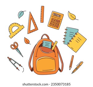 School doodle backpack with notebooks, rulers, protractor, pen, pencil, scissors, divider, rulers, calculator. Back to school concept. Vector illustration. 