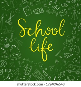 School doodle collection and lettering. Vector school symbols set. Education concept for kids