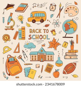 School doodle color collection with school bus, backpack, globe, books, microscope, palette, clock, graduate hat. Back to school concept. Vector illustration