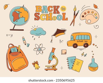School doodle color collection with school bus, backpack, globe, books, microscope, palette, graduate hat. Back to school concept. Vector illustration