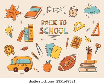 School doodle color collection with school bus, books, alarm clock, rugby ball, sheet music, divider, rulers. Back to school concept. Vector illustration