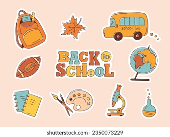 School doodle color stickers with school bus, backpack, globe, books, microscope, palette, rugby ball. Back to school concept. Vector illustration