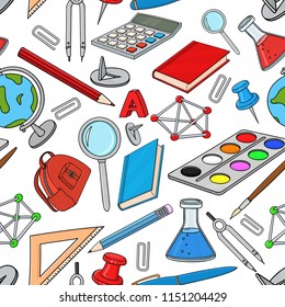 School doodle. Colored set of stationery tools. Seamless pattern. Vector illustration