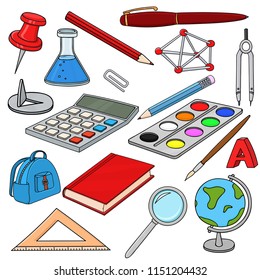School doodle. Colored set of stationery tools. Vector illustration isolated on white background