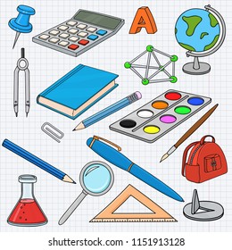 School doodle. Colored set of stationery tools, on lined paper background. Vector illustration