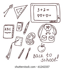 School doodle with different objects and text