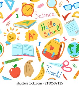 School Doodle Drawn Line Seamless Pattern. Education Concept Objects For Student, Backpack, Lunch And Globe, Pens, Child Print. Learning School Supplies Scrapbook Wallpaper