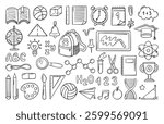 School doodle elements. Globe books notebook calendar alarm clock. Hand drawn study icons, stationery and equipment for learning, neoteric vector set