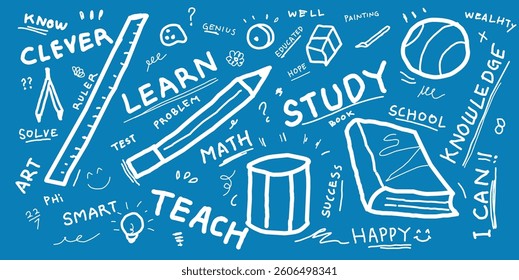 School doodle equipment blue background