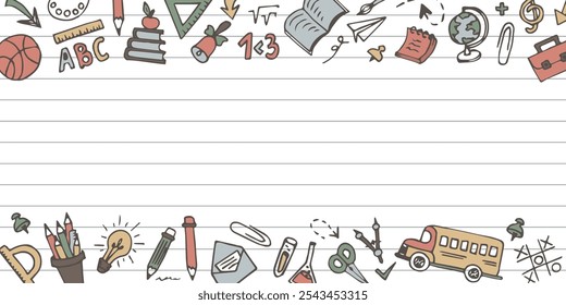 School doodle frame with place for text. School, study and education. A sheet of paper is surrounded by school supplies. Vector