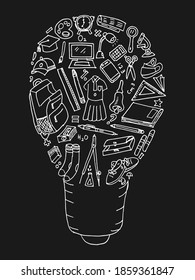 School doodle hand drawn vector icons. Hand drawn school object with lamp shape vector catoon illustration