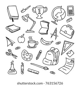 School Doodle, Illustration Of Books, Lamp, Apple, Coffee, Ruler, Calculator, Erlenmeyer, Reaction Tube, Etc.