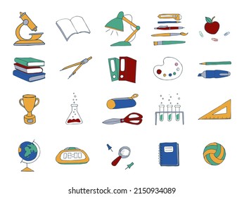 School doodle illustration set. Back to school elements and icons. Children education hand drawn drawings