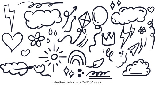 Schule Doodle Illustration Set. Zurück zu den Elementen und Symbolen der Schule. Kinder Bildung handgezeichnete Zeichnungen weißes Brett