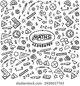 School doodle illustration set. Maths hand drawn vector elements. Primary school children education.