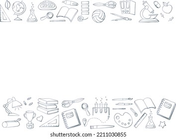 Conjunto de ilustraciones del doodle escolar. Temas escolares, elementos e íconos. Diseño incoloro. Dibujos a mano de educación infantil