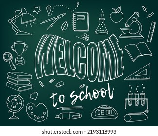 School doodle illustration set. Welcome to school lettering, elements and icons. Colorless design. Children education hand drawn drawings