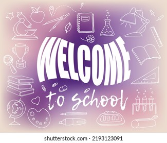 School doodle illustration set. Welcome to school lettering, elements and icons. Colorless design. Children education hand drawn drawings