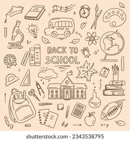 School doodle line collection with school bus, backpack, globe, books, microscope, palette, clock, graduate hat. Back to school concept. Vector illustration
