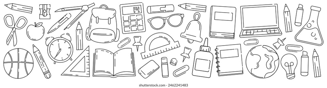 School doodle line. School linear icons.