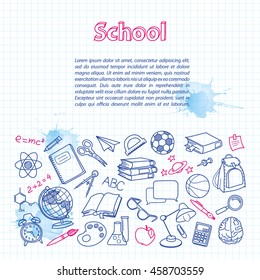 School doodle on the checkered page with watercolor blotsspace for text