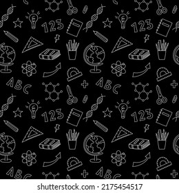 School doodle pattern black and white. Hand drawn education elements. School seamless background. Vector illustration.