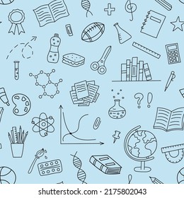 School doodle pattern. Hand drawn education elements. School seamless monochrome background. Vector illustration.