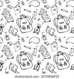 School doodle pattern, school supplies icon pattern set. Black stationery elements on white background. Study, children, education, knowledge. Briefcase book pen notebook notepad letter pencil  EPS 10