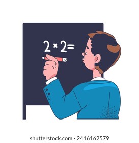 School doodle scene concept. Boy with math equation at blackboard. Education and learning. Graphic element for website. Linear flat vector illustration isolated on white background