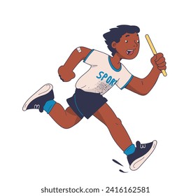 School doodle scene concept. Boy run with stick in hand. Education and learning. Active lifestyle and sport. Competition and tournament. Linear flat vector illustration isolated on white background