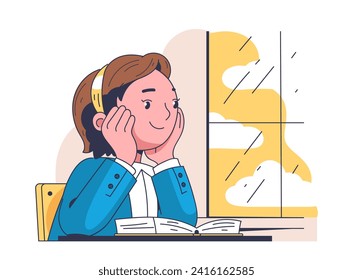 School doodle scene concept. Girl sitting with book in classroom. Education and learning. Sticker for social networks. Linear flat vector illustration isolated on white background