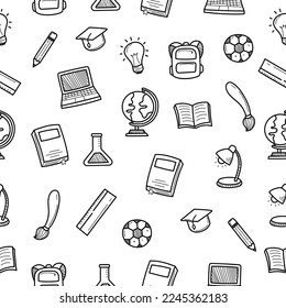 School doodle seamless pattern with black and white color. Set of school doodle illustration