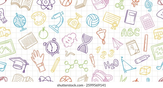School doodle seamless pattern. Colorful hand drawn symbols of chemistry, math, geometry, geography, biology. Decorative neoteric vector background
