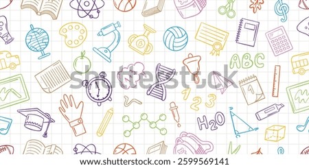 School doodle seamless pattern. Colorful hand drawn symbols of chemistry, math, geometry, geography, biology. Decorative neoteric vector background